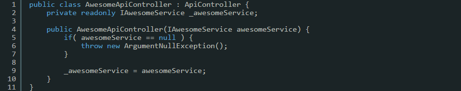 Code snippet to show using a constructor injection in a web API controller